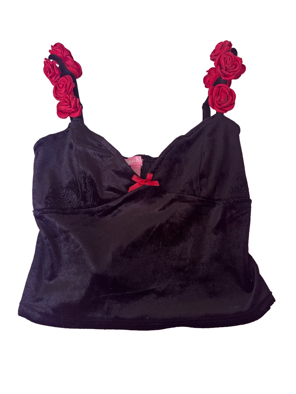 Sugar Thrillz Dolls Kill Black Velvet 3D Rose Strap Cami Top